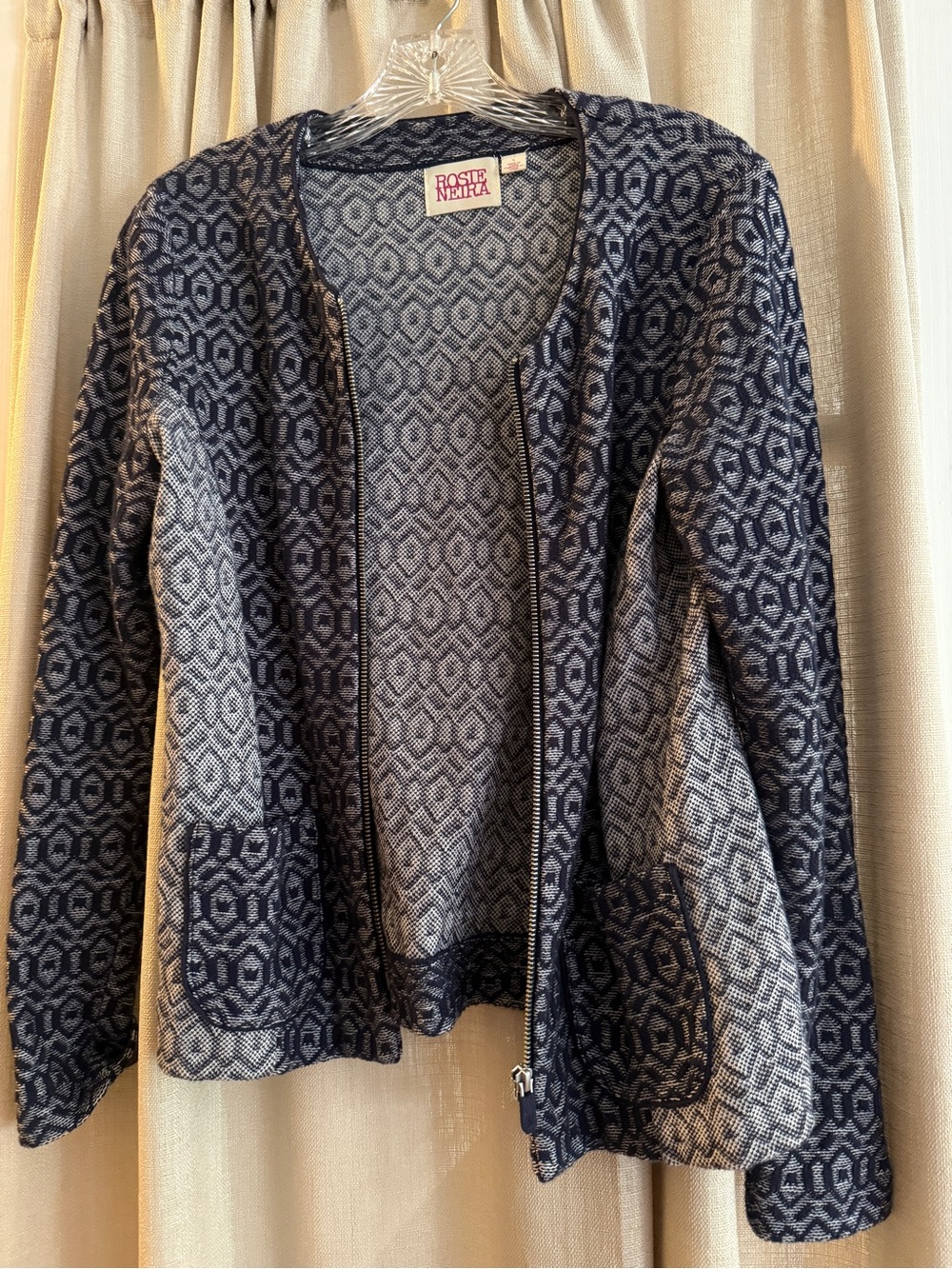 Navy Patterned Zip-Front Women's Sweater Jacket - Rosie Neira for Anthropologie